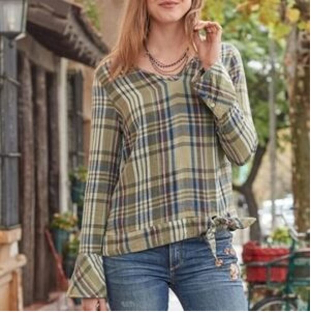 Sundance Cotton Plaid Long Sleeve V-Neck Tie Hem Blouse Green Women's Medium